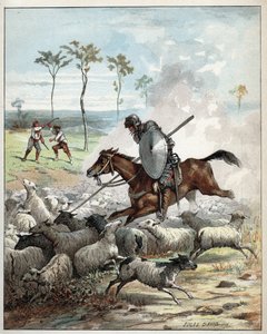 Dom Quixote matando ovelhas pensando que eram cavaleiros - Dom Quixote no seu cavalo fura as ovelhas que leva para cavaleiros - Ilustração de Jules David (1808-1892) do Histoire de Dom Quixote (Dom Quixote) - 1887 - por Miguel de Cervantes Saavedra (1547-1