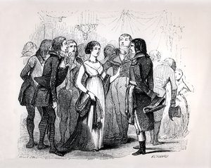 Madame de Stael (1766-1817) questionando Napoleão Bonaparte (1769-1821) sobre as melhores mulheres, de "Napoleão" de Emile Marco de Saint-Hilaire, gravado por Bernard, Paris, 1843