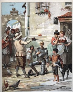 Fora de uma pousada, Dom Quixote torna-se cavaleiro - Ilustração de Jules David (1808-1892) do Histoire de Dom Quixote (Dom Quixote) - 1887 - por Miguel de Cervantes Saavedra (1547-1616) -