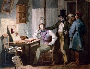 Estudar. Um estudante estudioso em seu escritório fica no trabalho enquanto seus amigos saem. Gravura a cores por Jules David (século XIX). Paris, Musee Carnavalet de Jules David