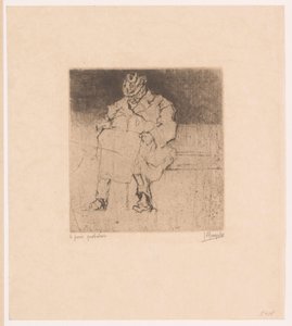 Cavalheiro idoso com bengala sentado num banco Le pain quotidien (título no objeto) de Jules De Bruycker (signed by artist)