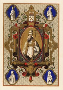 Retrato de São Gregório, Papa Gregório I, com triregno ou tríplice coroa, e férula papal, dentro de uma borda decorativa de Jules Desportes