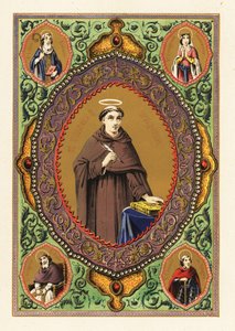 Retrato de São Tomás de Aquino, com auréola, pena e Bíblia, em borda decorativa de folhagem e dourado de Jules Desportes