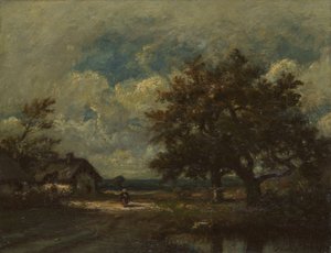 A casa de campo à beira da estrada, céu tempestuoso de Jules Dupré