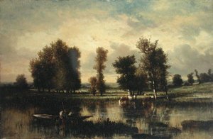 Barco na Margem do Rio (óleo sobre painel de berço) de Jules Dupré