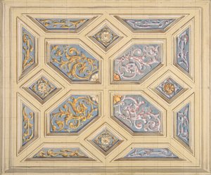 Projeto para um teto de caixotões decorado com arabescos, 1840-97. Criadores: Jules-Edmond-Charles Lachaise, Eugène-Pierre Gourdet.