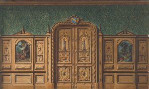 Design para uma sala com painéis de madeira embutidos com pinturas e uma porta dupla fortemente esculpida, 1830-97. Criadores: Jules-Edmond-Charles Lachaise, Eugène-Pierre Gourdet. de Jules Edmond Charles Lachaise and Eugène Pierre Gourdet