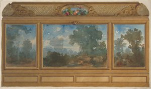 Elevação de um interior apainelado decorado com paisagens pintadas e enseadas com..., 1830-97. Criadores: Jules-Edmond-Charles Lachaise, Eugène-Pierre Gourdet. de Jules Edmond Charles Lachaise and Eugène Pierre Gourdet
