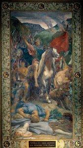 Attila (395-453) rei dos hunos e seu exército de bárbaros caminhando sobre Paris em 450 Fresco por Jules Elie Delaunay (1828-1891) século 19. Paris, Pantheon