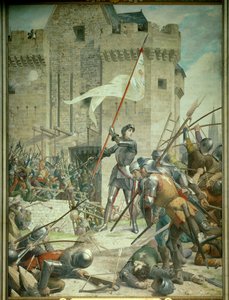 Guerra dos Cem Anos: Joana d&39;Arc em armadura antes de Orleans. Pintura de Jules Eugene Lenepveu