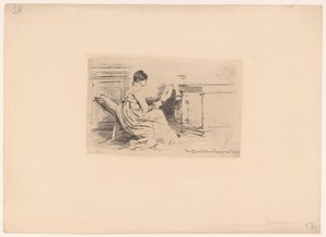 Mulher com ventilador na cadeira baixa de Jules Ferdinand Jacquemart (attributed to)