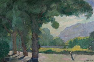 Grenoble, vista da Île Verte 1922 Óleo sobre cartão de Jules Flandrin