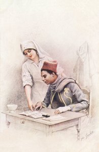 Lição de leitura. Cartão postal de "A Guerra das Nações" representando uma enfermeira da Cruz Vermelha a aprender a ler para um sapateiro senegalês