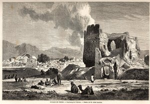 Os subúrbios de Teerão (atual Irã). Desenho de Jules Laurens (1825-1901), para ilustrar a viagem de Arthur Gobineau à Pérsia de 1855 a 1858. Gravura em "Le tour du monde, nouveau journal des voyages" Paris