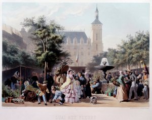 Vista do Quai aux Fleurs em Paris O passeio na Ile de la Cite. Litografia de Jules Marie Desandre (1845-?) Paris do século XIX, Musee Carnavalet de Jules Marie Desandre