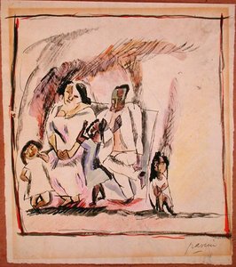 Mãe, Pai e Três Filhos (aguarela sobre papel) de Jules Pascin