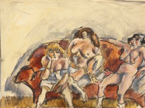 Três Mulheres num Sofá Vermelho de Jules Pascin