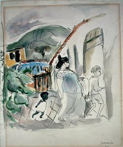 Mulher e Duas Crianças (aguarela sobre papel) de Jules Pascin