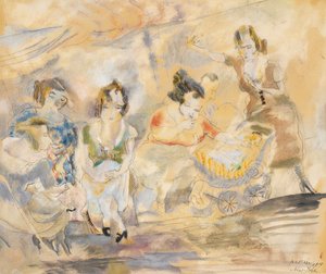 Mulher com carrinho de bebê, Nova York, 1919 (wc no papel) de Jules Pascin