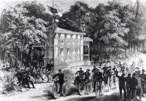 A Velocipede Race at Pre Catelan, c.1860-70 (gravura) (foto a p/b) de Jules Pelcoq