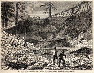 Uma reivindicação mineira ou oficina na Califórnia, desenho de Jules Pelcoq, para ilustrar a história da viagem do Barão de Wogan à Califórnia em 1850-1852. Gravação em "Le tour du monde, nouveau journal des voyages" Paris de Jules Pelcoq