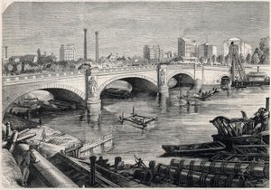 Transformações de Paris sob o Segundo Império, Haussmann Paris: obras realizadas em frente à ponte da Alma em Paris para a passagem do esgoto coletor no fundo do Sena. Desenho de Jules Pelcoq. Gravura em "" A União Ilustrada