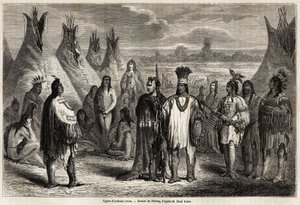 Tipos de índios Crees do Canadá, desenhados por Pelcoq, para ilustrar a exploração das Montanhas Rochosas em 1857-59 pelo Capitão John Palliser. Gravura em "Le tour du monde, nouveau journal des voyages" Paris de Jules Pelcoq
