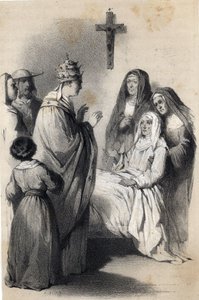 Representação de Santa Claire (Chiara) de Assis (c.1192-1253), fundadora da ordem religiosa das Clarissas em "The illustrious Women of Europe". Pela Condessa Drohojowska, nee Symon de Latreiche. Desenhos ilustrados por Jules David e Raunheim. cerca de 1850