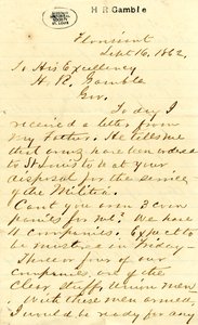 Carta assinada por Julian Bates, Florissant, a Sua Excelência H.R. Gamble, 16 de Setembro de 1862 de Julian Bates