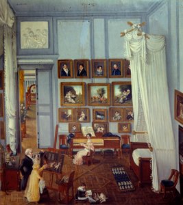 Vista interna da residência do Cavaleiro Pradel de São Carlos Uma grande cama de quatro colunas adorna o quarto utilizado como oficina. Uma criança toca e uma jovem mulher está em frente de um piano. Pintura de Julie Pradel (século XIX) 1820 Colecção priva de Julie Pradel