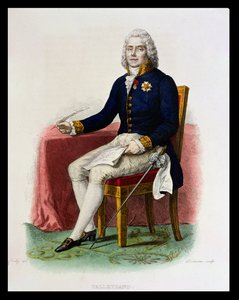 Retrato de Charles Maurice de Talleyrand-Perigord (1754-1838) em sua escrivaninha, ilustração de "The French Plutarch" de E. Mennechet, gravada por Delaistre, 1835