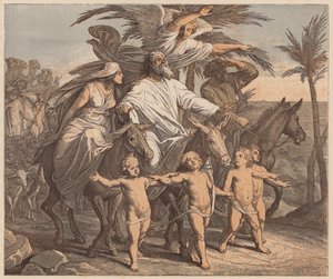 Abraão contemplando a Terra Prometida, Génesis, XII, 7 (gravura a cores) de Julius (after) Schnorr von Carolsfeld