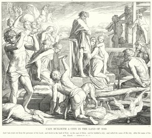 Caim Constrói uma Cidade na Terra de Nod (gravura) de Julius (after) Schnorr von Carolsfeld