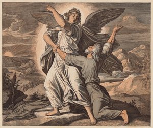 Jacob lutando com o Anjo, Génesis, XXXII, 26 (gravura a cores) de Julius (after) Schnorr von Carolsfeld