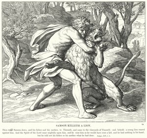Samson Killeth a Lion (gravura) de Julius (after) Schnorr von Carolsfeld