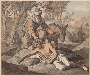 O Bom Samaritano, S. Lucas, X, 33, 34 (gravura a cores) de Julius (after) Schnorr von Carolsfeld