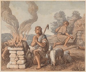 As oferendas de Caim e Abel, Génesis, IV, 3, 4 (gravura a cores) de Julius (after) Schnorr von Carolsfeld