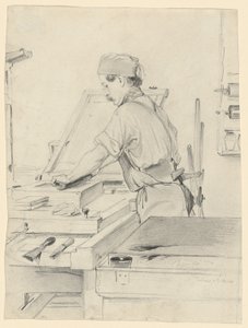 Autorretrato trabalhando em uma impressora litográfica de Julius Adam the Elder