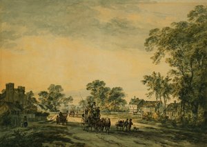 Um treinador e figuras em uma estrada aberta, de Julius Caesar Ibbetson