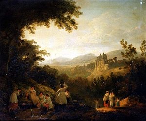 Uma Paisagem arborizada com lavadeiras junto a uma fonte de Julius Caesar Ibbetson