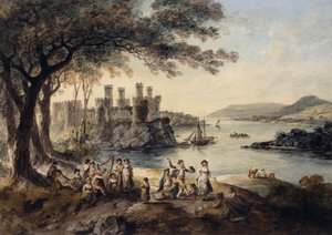 Castelo de Conway, com John Smith "The Harper Cego" em primeiro plano, 1796 de Julius Caesar Ibbetson