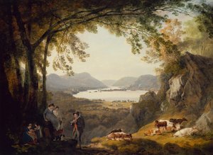 Povo do campo descansando com gado em uma paisagem arborizada (óleo) de Julius Caesar Ibbetson