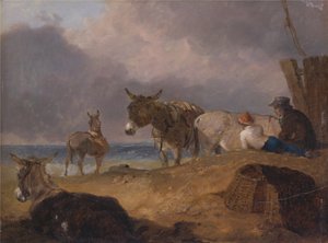 Burros e figuras numa praia de Julius Caesar Ibbetson