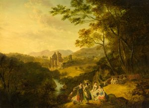 Castelo de Rosslyn com Lavadeiras e Gado, c.1800 (óleo sobre tela) de Julius Caesar Ibbetson