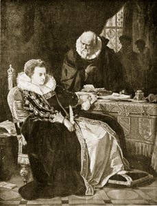 Elizabeth assina a sentença de morte de Mary, ilustração de &39;Hutchinson&39;s Story ofthe British Nation&39;, c.1923 de Julius Friedrich Anton Schrader