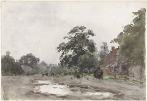 Fazenda sob árvores altas com água em primeiro plano de Julius Jacobus van de Sande Bakhuyzen