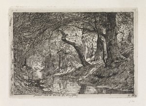 Paisagem florestal com riacho e árvores na margem de Julius Jacobus van de Sande Bakhuyzen
