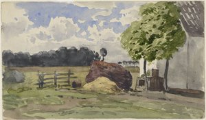 Pilha de madeira em frente de uma casa de campo no prado de Julius Jacobus van de Sande Bakhuyzen