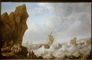 Barco de pesca no mar tempestuoso na frente de uma costa rochosa de Julius Porcellis