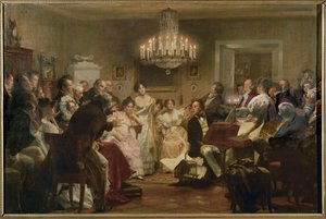 Schubert ao piano durante uma Noite de Schubert num salão de Viena ... (pintura a óleo) de Julius Schmid